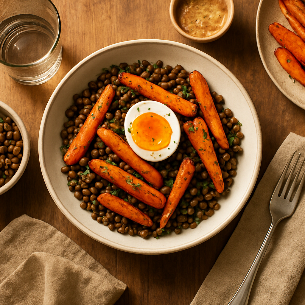 Salade tiède de lentilles, carottes rôties et œufs mollets — illustration 1