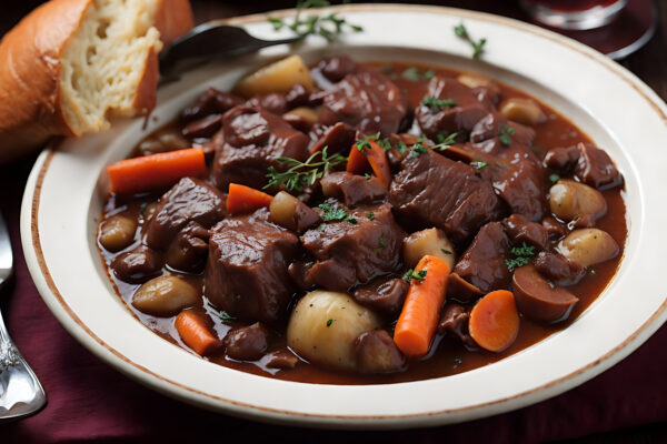 Assiette de bœuf bourguignon servi avec des pommes de terre vapeur