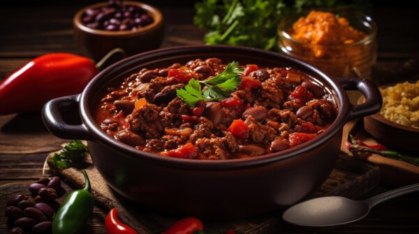 Plat appétissant de Chili con carne garni de coriandre