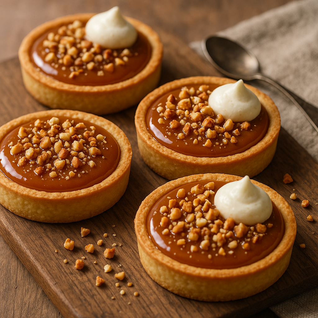 Illustration of Titre: Tartelette Douceur Vanille‑Caramel — un dessert sucré, gourmandise et douceur (Pour 4) Introduction /