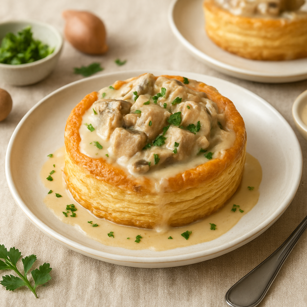 Bouchées à la reine aux champignons et volaille, sauce crème au vin jaune