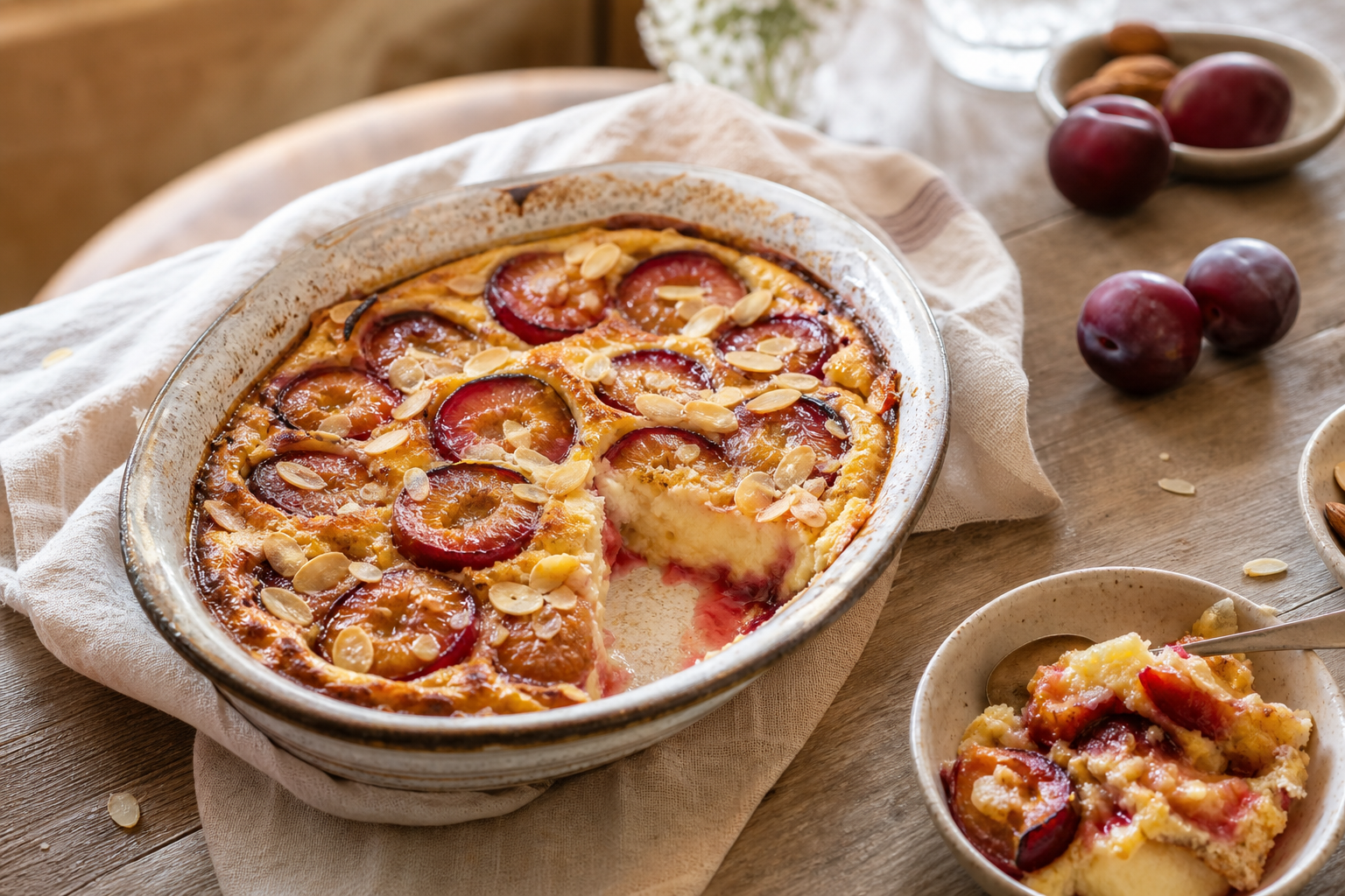 Clafoutis aux prunes rouges et amandes, le dessert généreux de saison