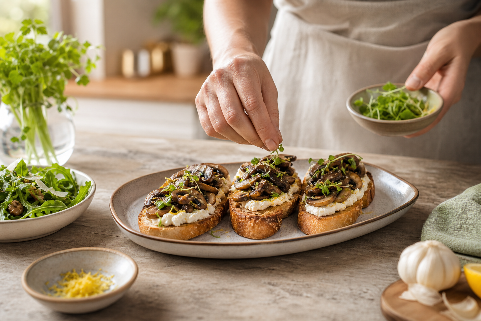 Crostini de champignons à l’ail confit et ricotta citronnée