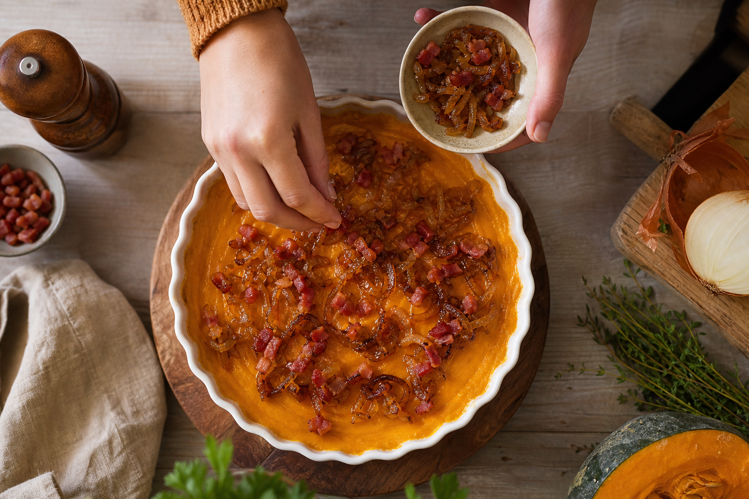 Flan de potimarron, lardons fumés et oignons confits
