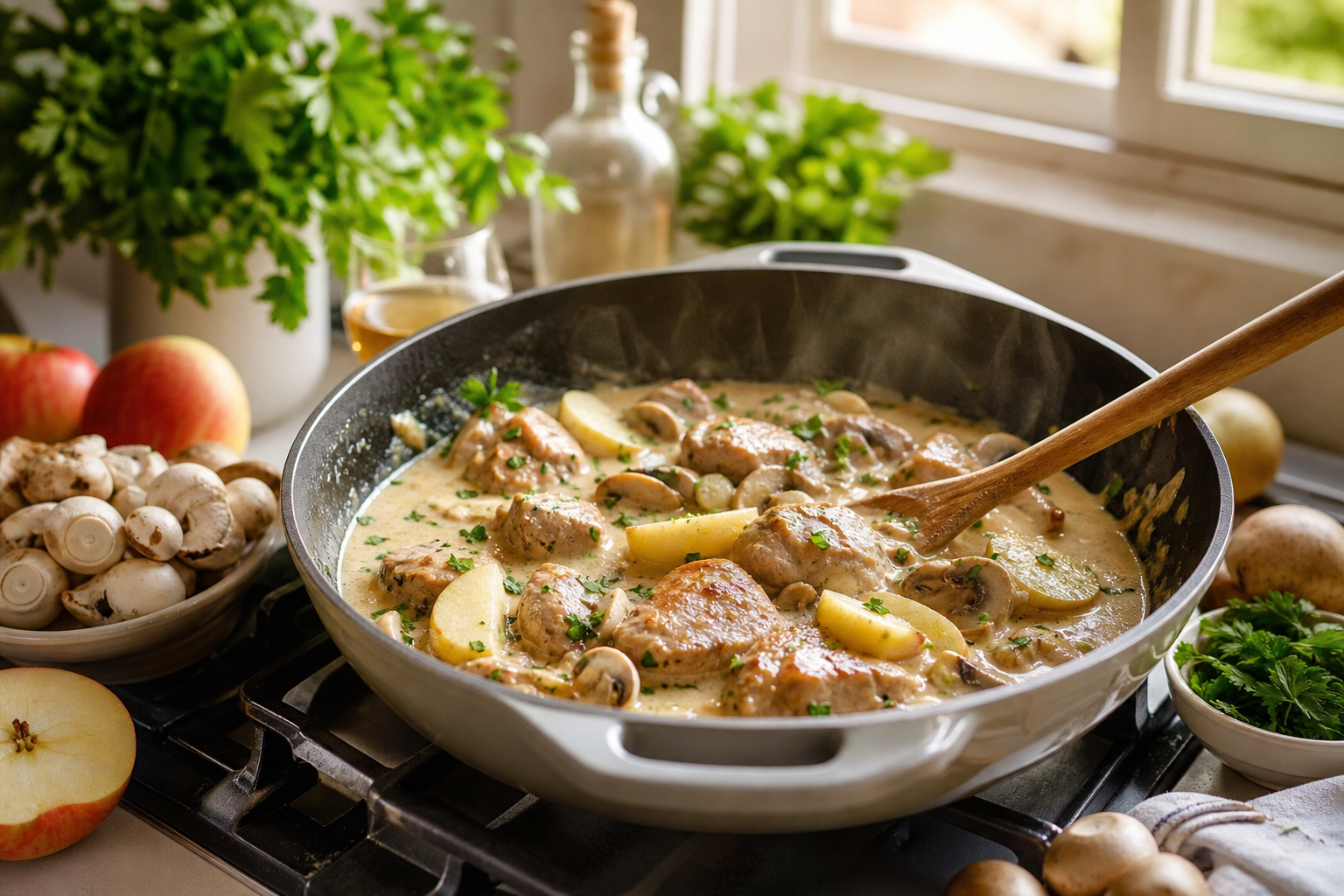 Fricassée de veau à la normande, pommes fondantes et champignons