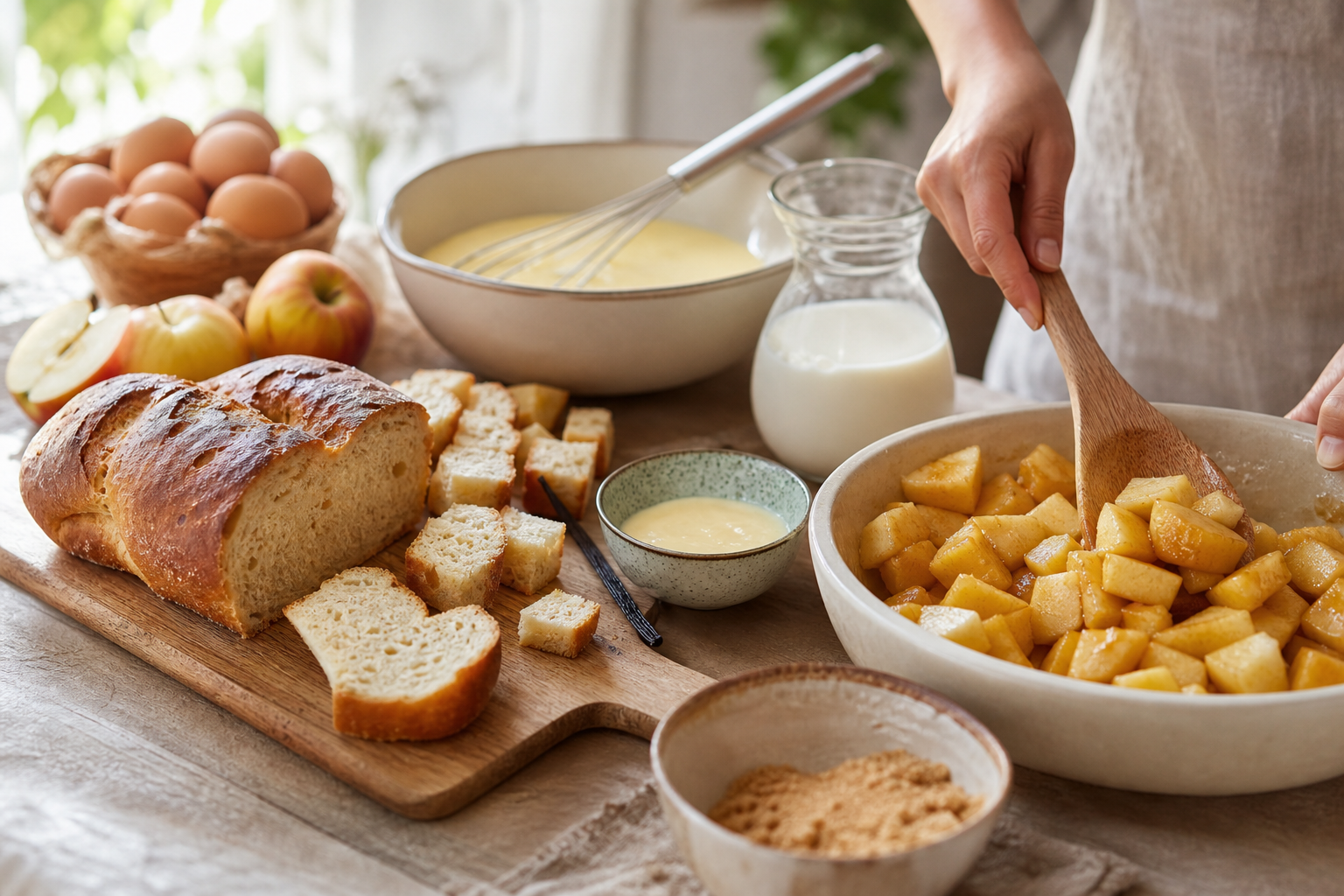 Gâteau de pain perdu aux pommes caramélisées et crème vanillée