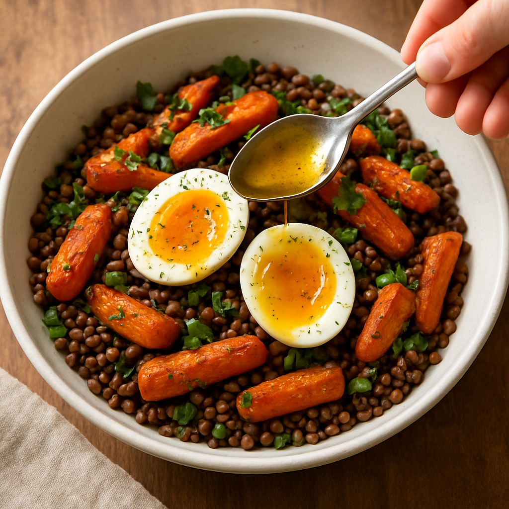 Salade tiède de lentilles, carottes rôties et œufs mollets