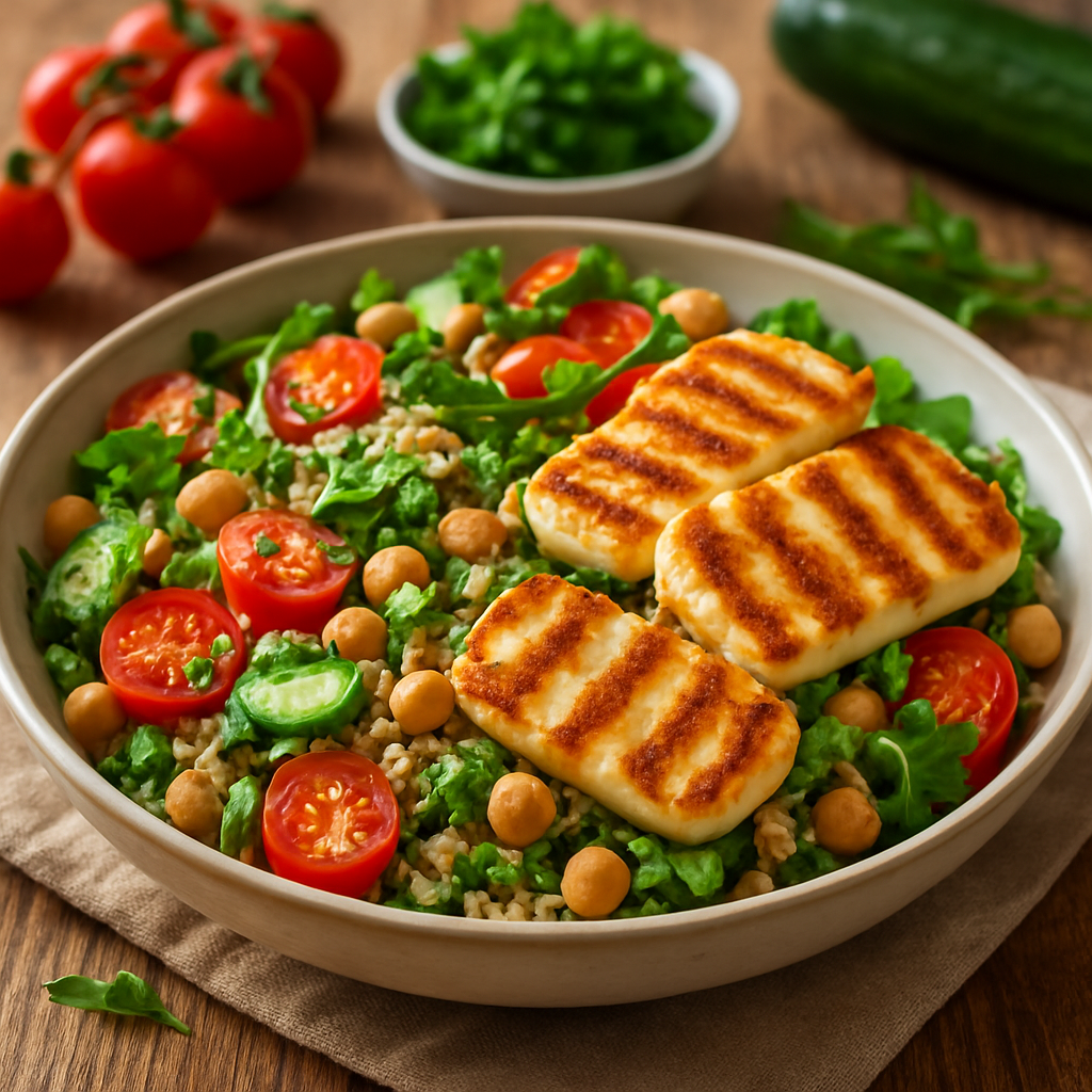 Salade tiède de quinoa, pois chiches et halloumi grillé