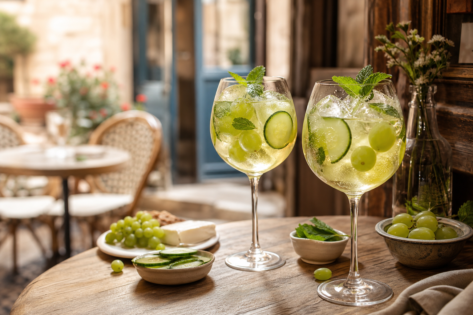 Spritz sans alcool aux raisins blancs, concombre et menthe