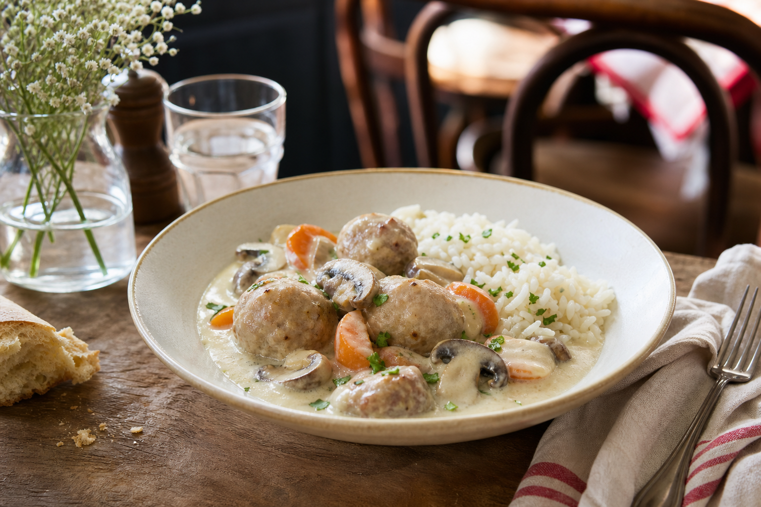 Blanquette de boulettes de veau aux carottes et champignons, riz parfumé