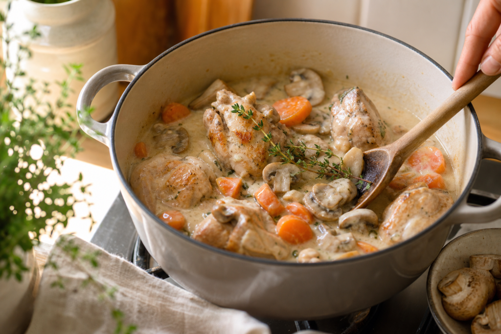 Blanquette de lapin facile aux champignons et carottes, riz pilaf — illustration 1