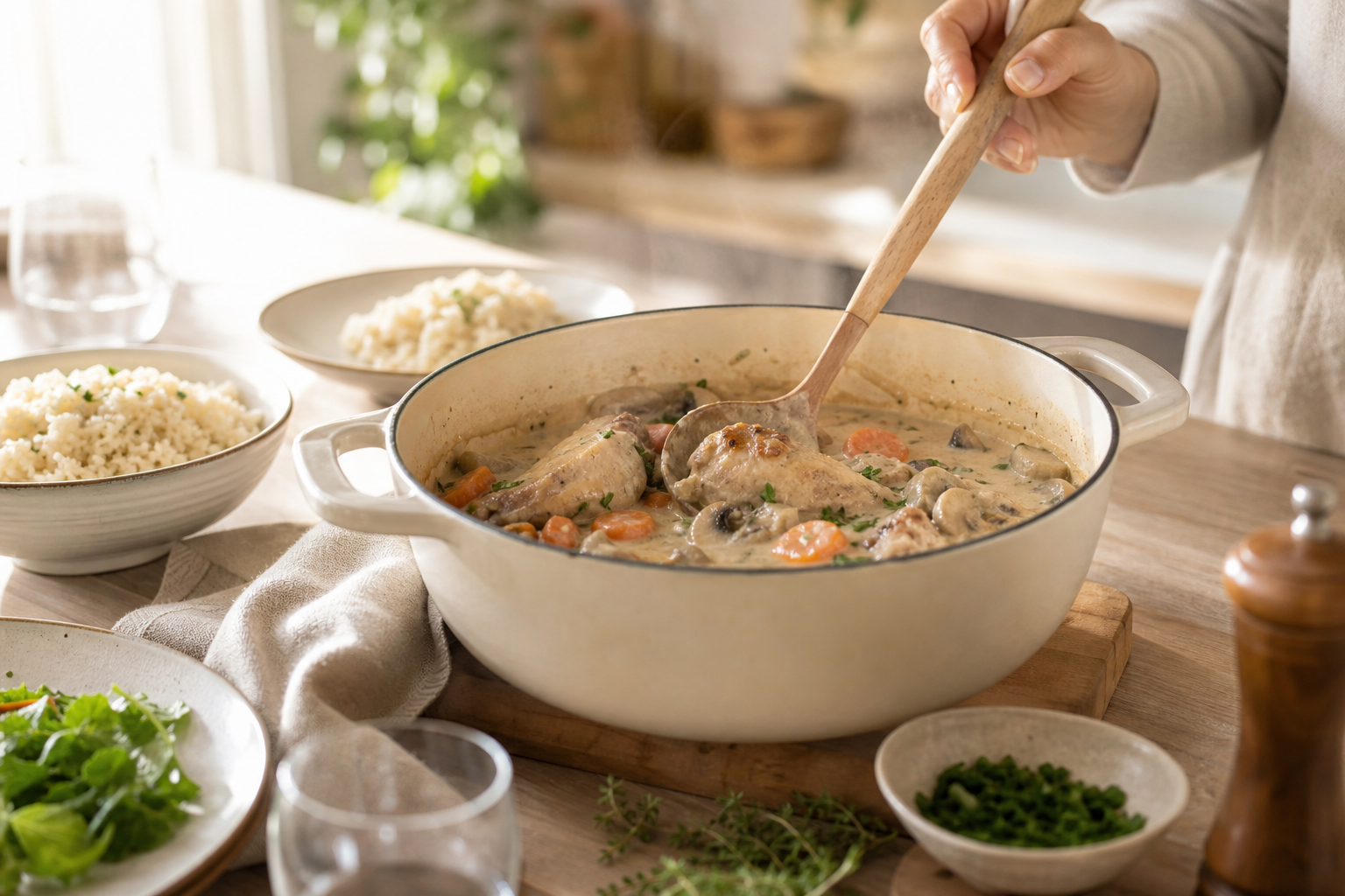 Blanquette de lapin facile aux champignons et carottes, riz pilaf
