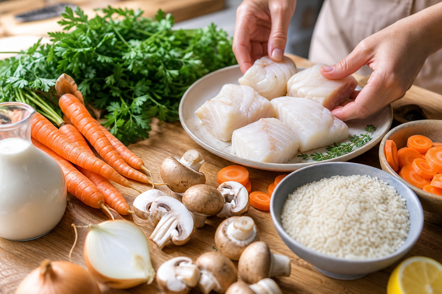 Blanquette de poisson économique au cabillaud, carottes et riz pilaf