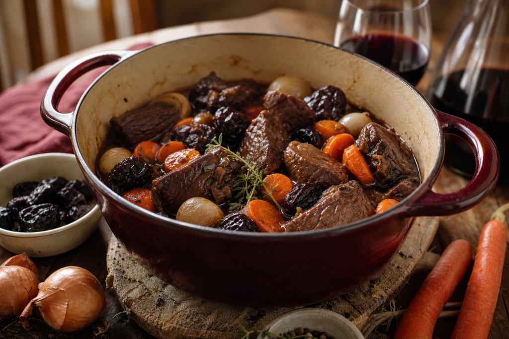 Bœuf mijoté au vin rouge de Cahors, pruneaux et carottes glacées — illustration 1