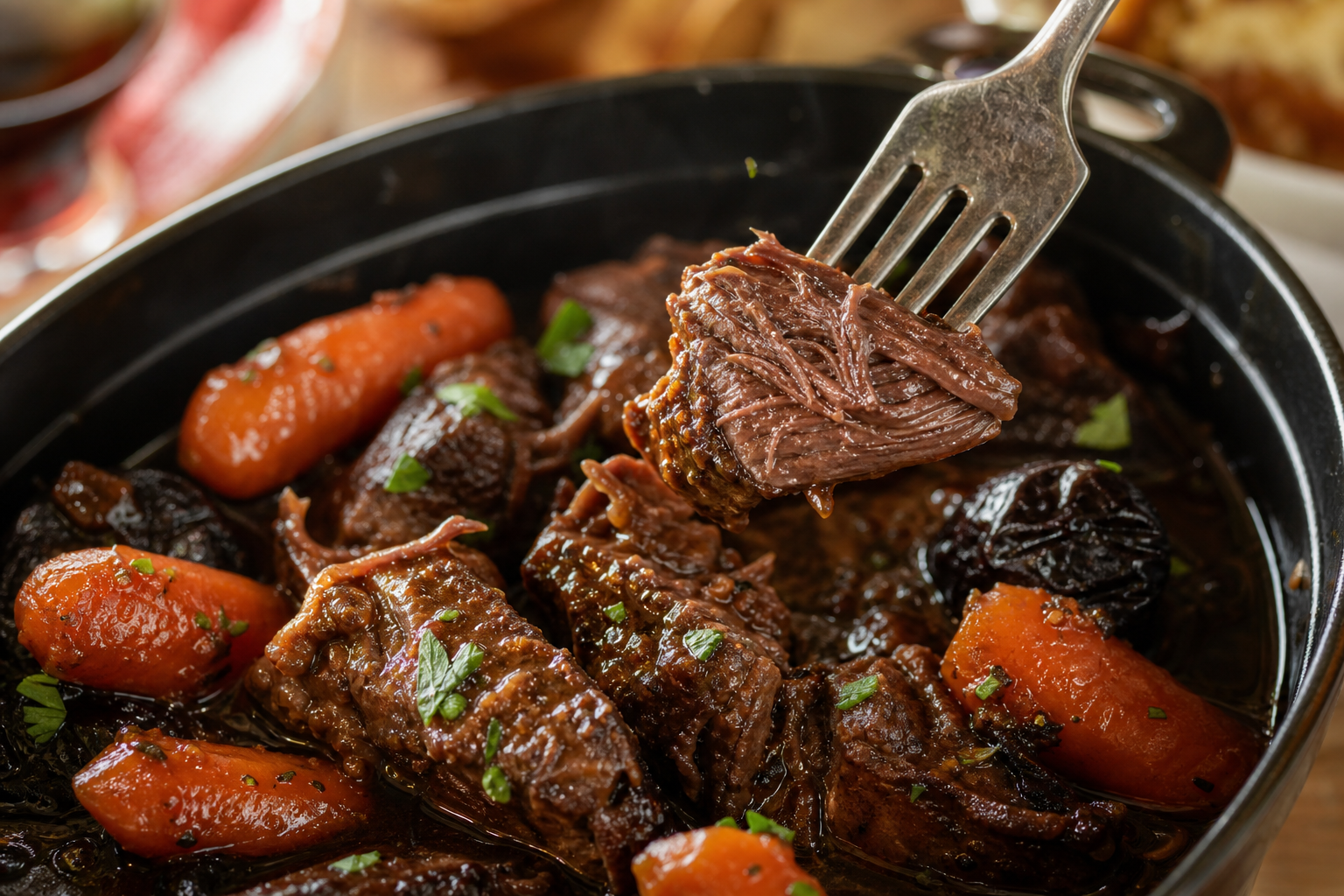 Bœuf mijoté au vin rouge de Cahors, pruneaux et carottes glacées