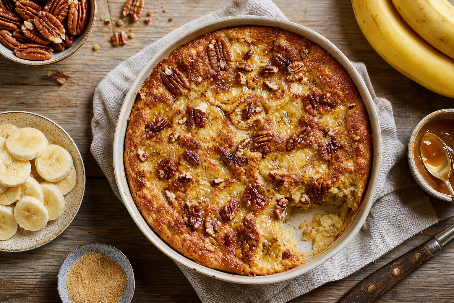 Clafoutis à la banane caramélisée et noix de pécan, dessert familial moelleux