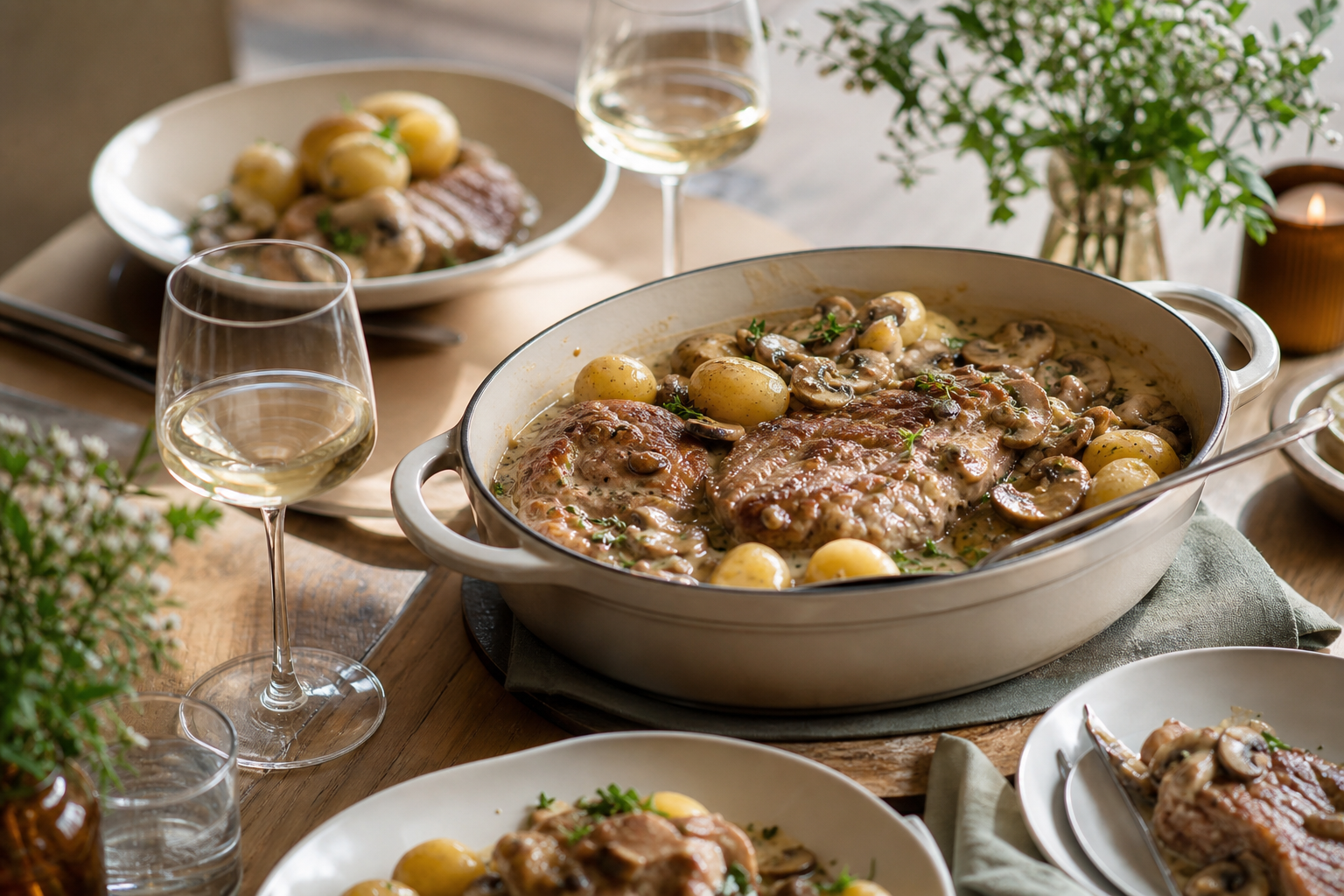 Échine de porc mijotée au vin blanc, champignons et moutarde ancienne