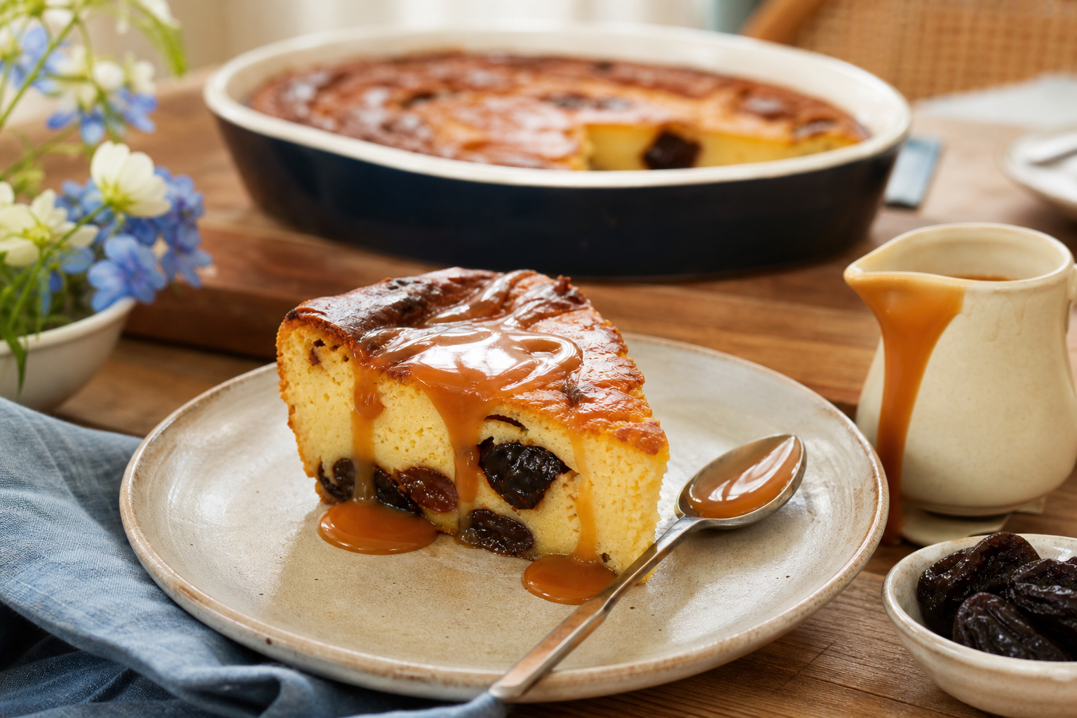Far breton aux pruneaux et caramel au beurre salé, dessert familial de Bretagne