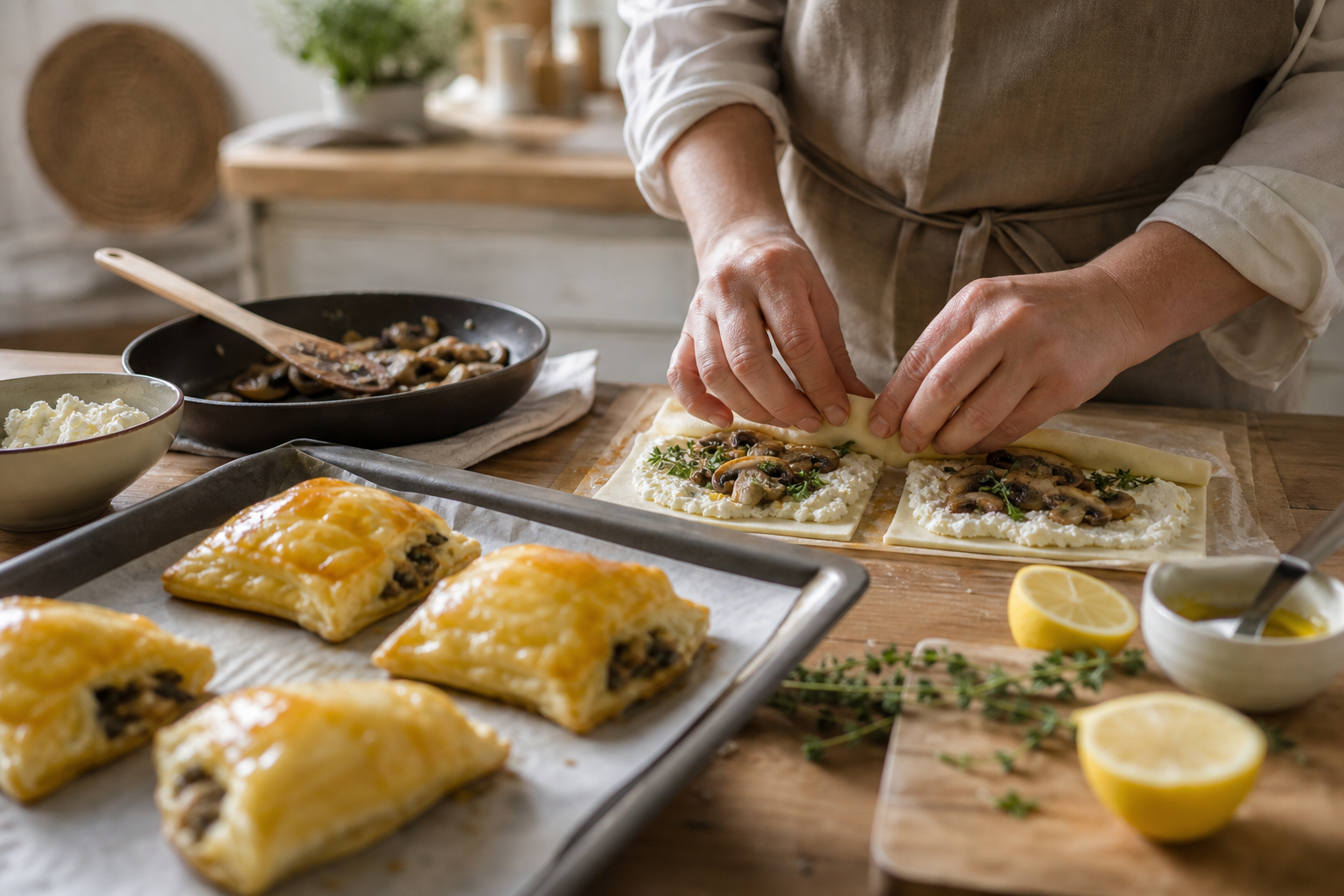 Feuilletés aux champignons, ricotta et thym, sauce au citron