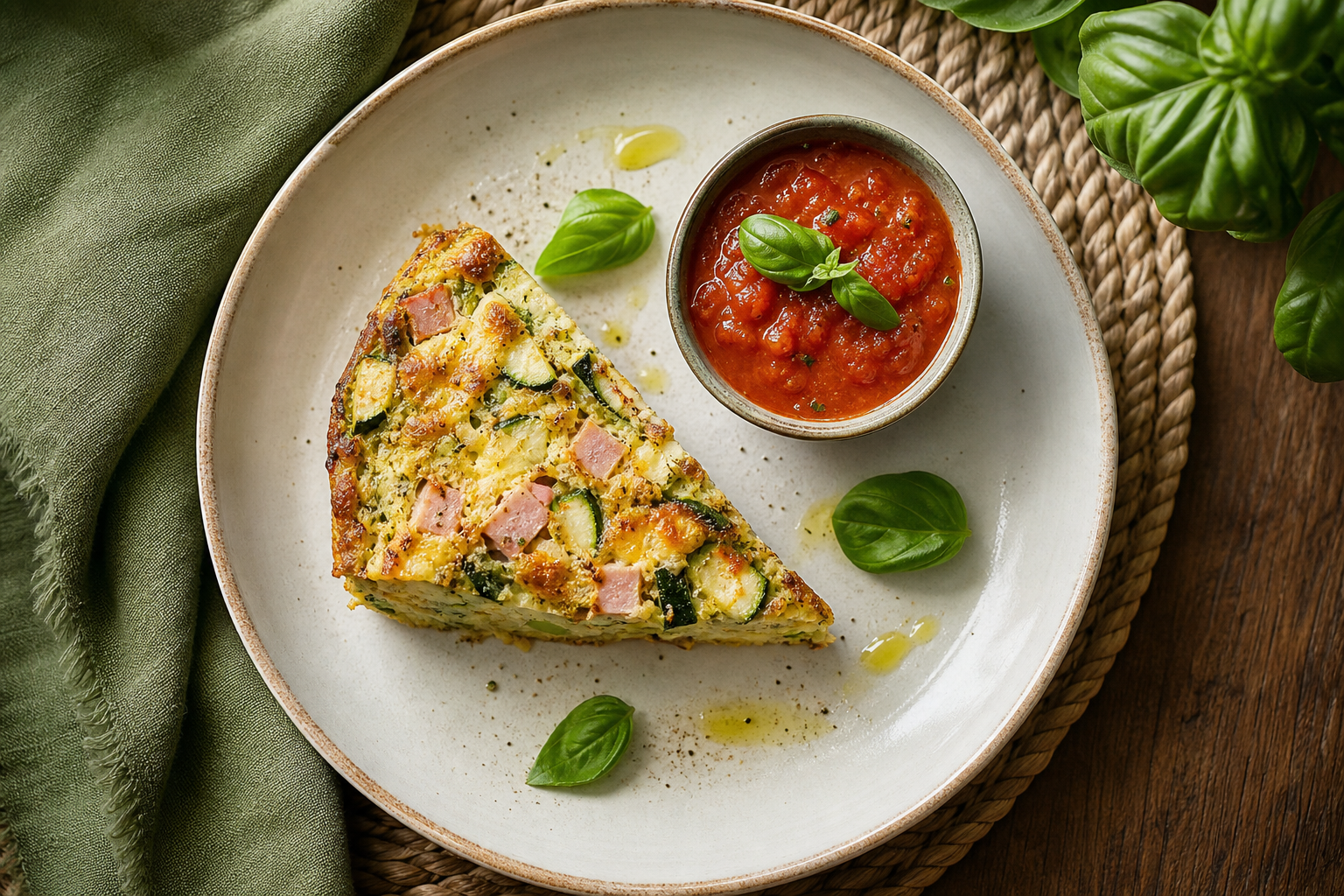 Flan salé de courgettes, jambon et comté, sauce tomate au basilic