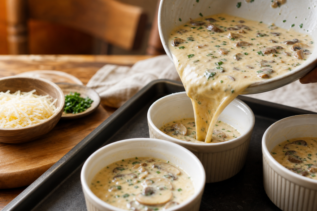 Flans individuels de champignons de Paris, parmesan et persil, coulis de tomate maison — illustration 1