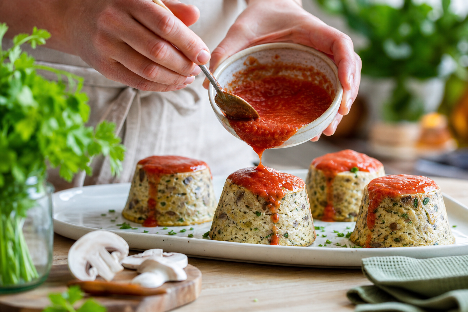 Flans individuels de champignons de Paris, parmesan et persil, coulis de tomate maison