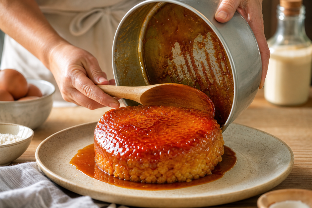 Gâteau de riz au caramel renversé, dessert familial à l’ancienne — illustration 1