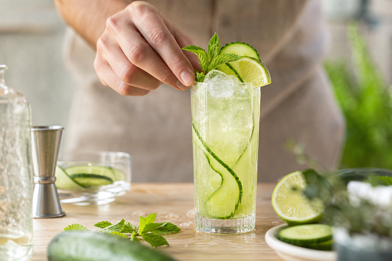 Gin Fizz à la chartreuse, concombre et citron vert