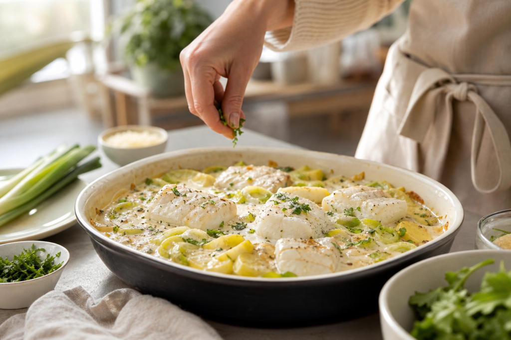 Gratin de cabillaud à la normande, poireaux fondants et pommes de terre — illustration 1