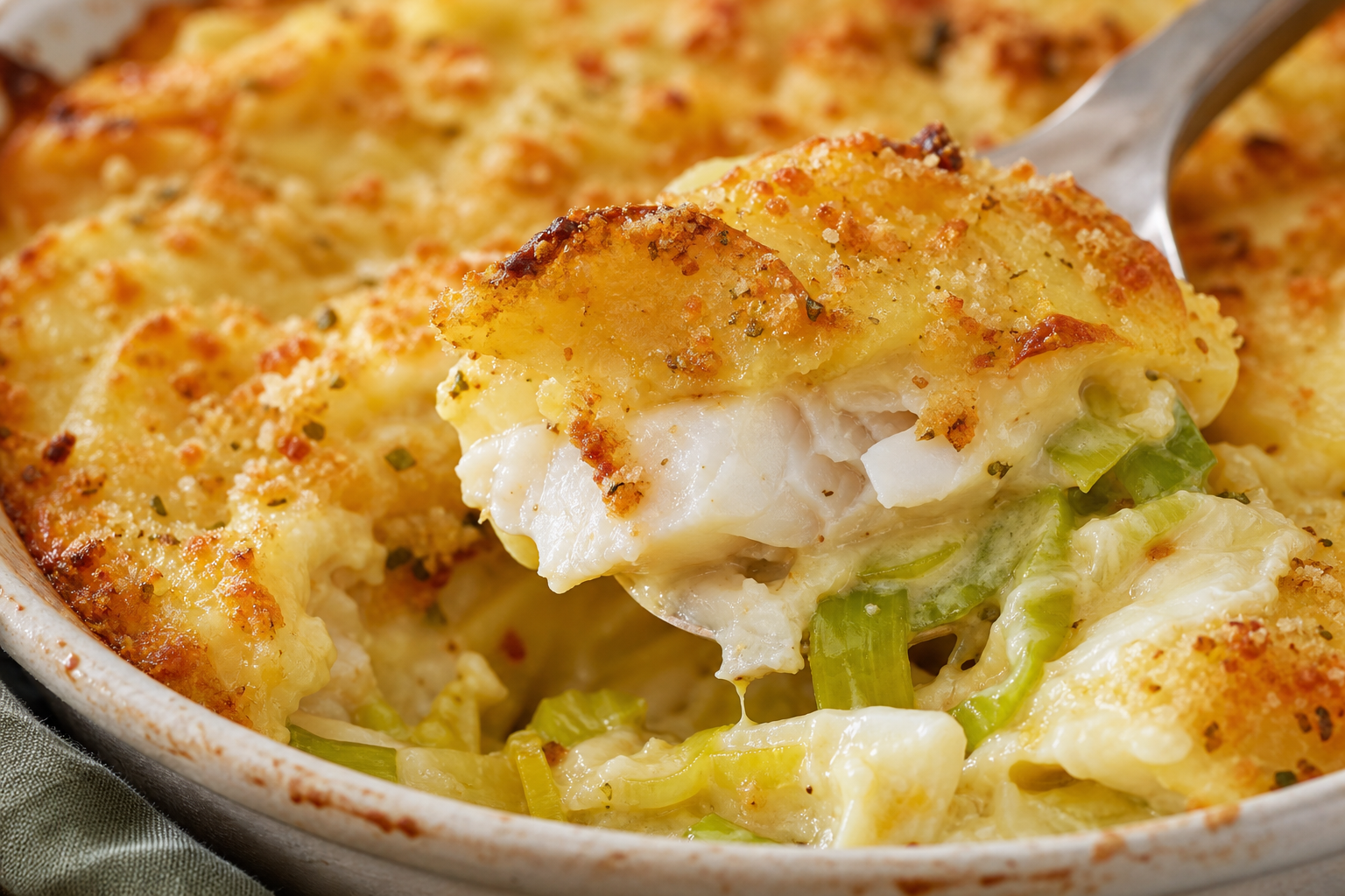 Gratin de cabillaud à la normande, poireaux fondants et pommes de terre