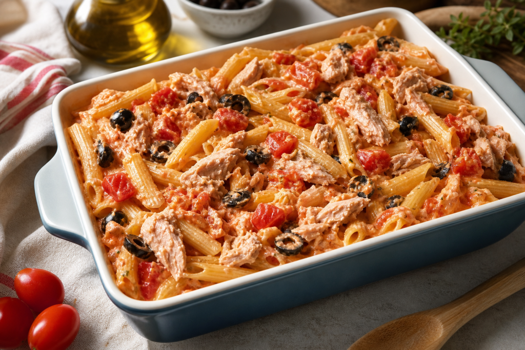 Gratin de pâtes au thon, tomates et olives, sauce crémeuse au fromage — illustration 1