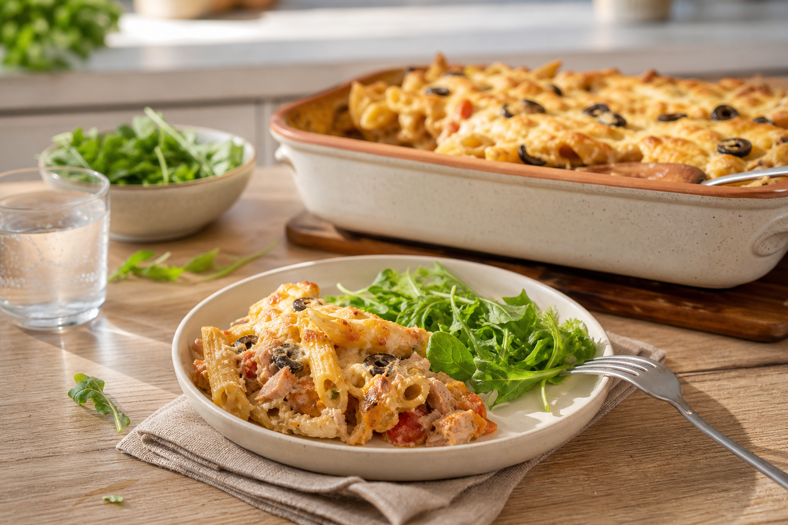 Gratin de pâtes au thon, tomates et olives, sauce crémeuse au fromage