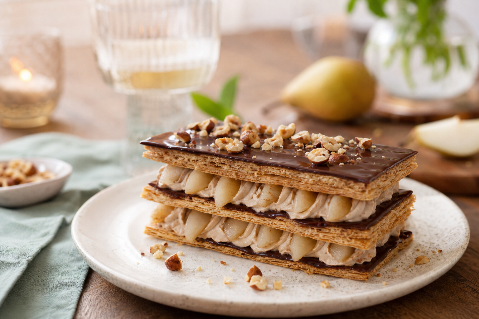 Millefeuille croustillant poire-chocolat et crème légère au praliné