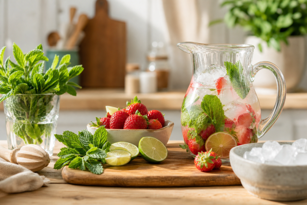 Mojito sans alcool à la fraise, menthe et citron vert — illustration 1