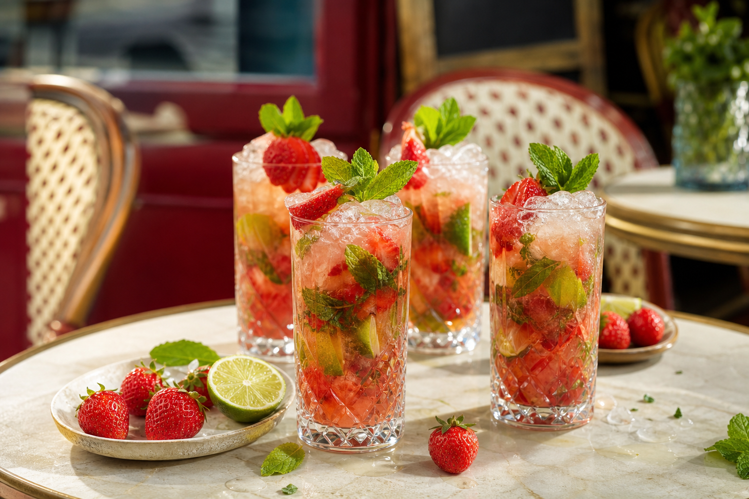 Mojito sans alcool à la fraise, menthe et citron vert