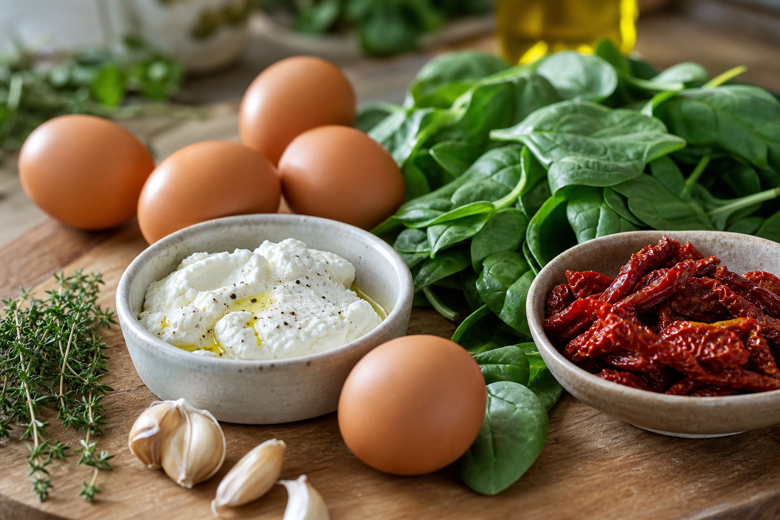 Œufs cocotte aux épinards, chèvre frais et tomates confites