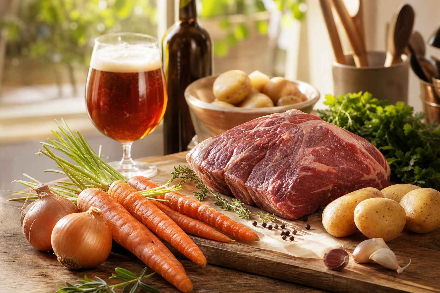 Paleron de bœuf mijoté à la bière ambrée, carottes glacées et écrasé de pommes de terre