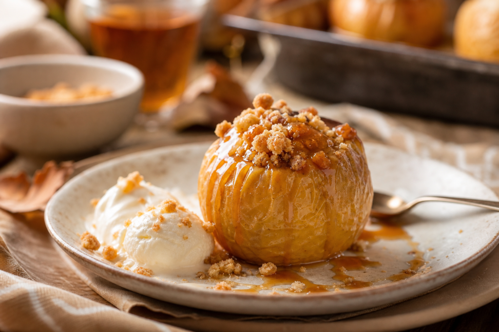 Pommes farcies au caramel de cidre et sablé breton, dessert rustique du terroir — illustration 1