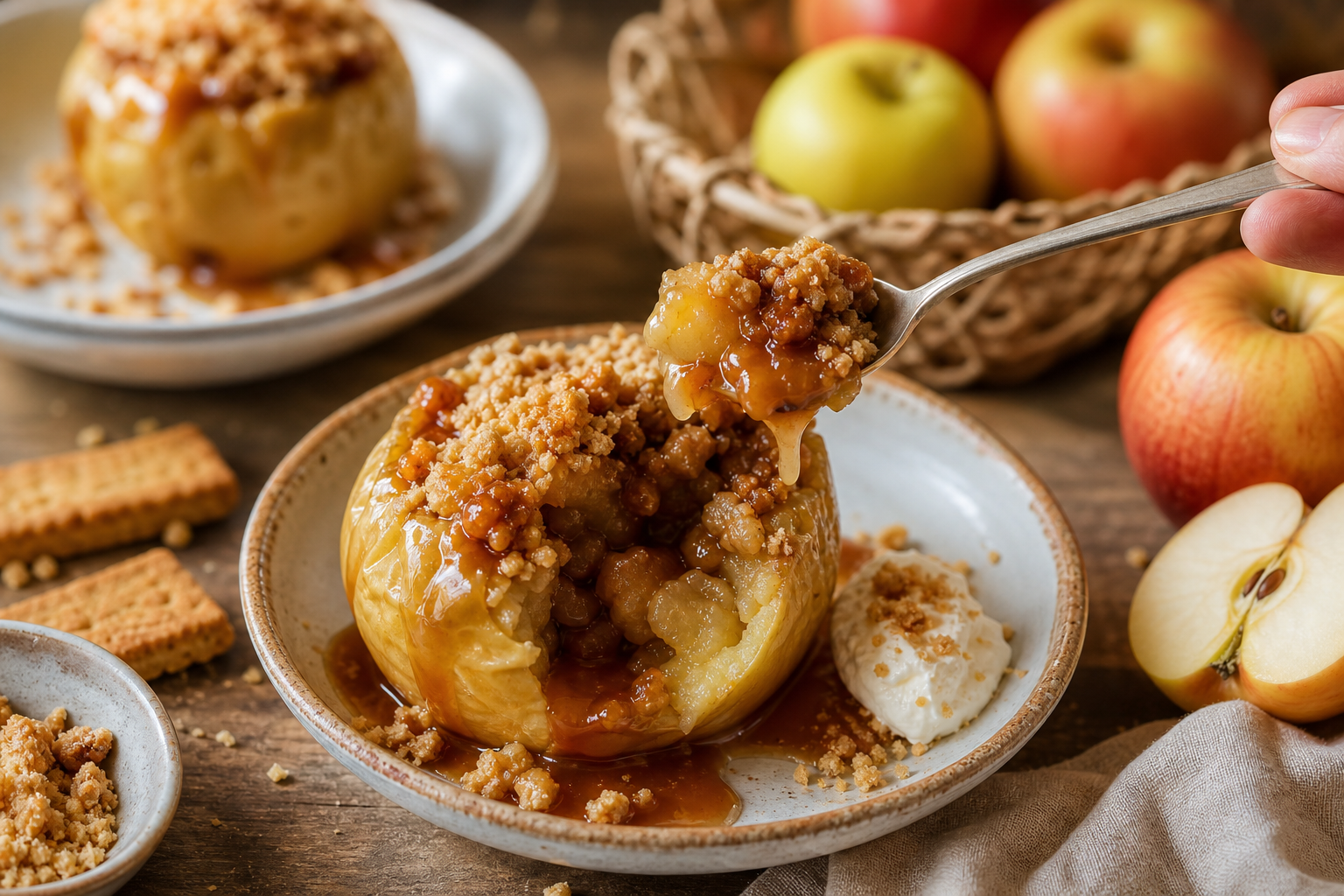 Pommes farcies au caramel de cidre et sablé breton, dessert rustique du terroir