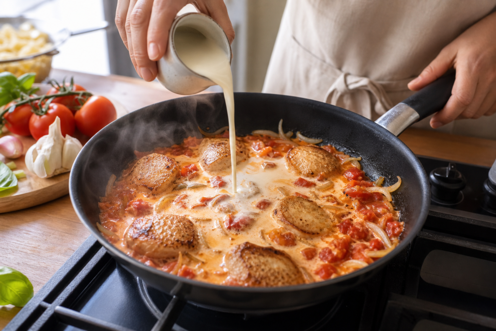 Poulet à la crème de tomate et basilic, pâtes courtes au parmesan — illustration 1