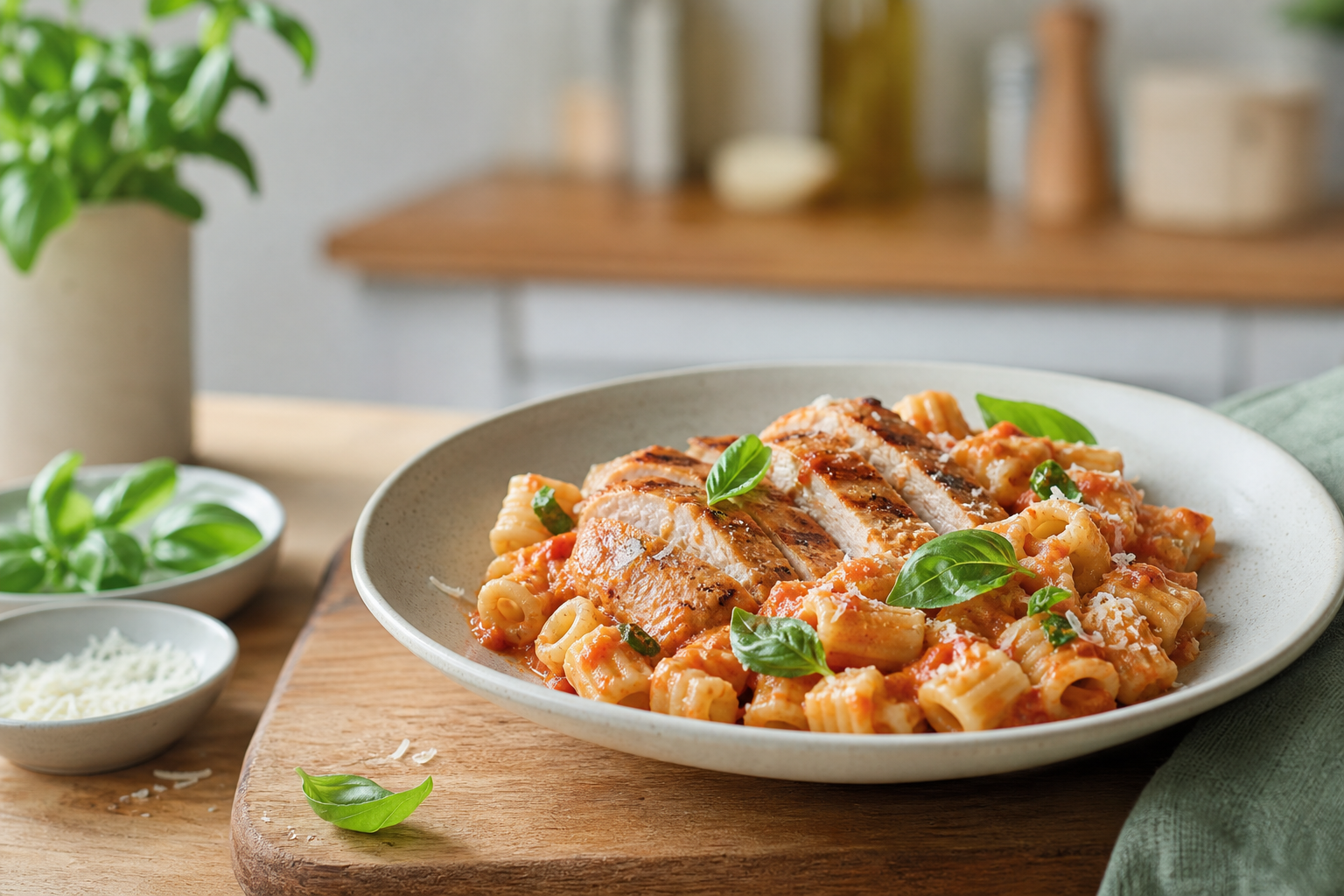 Poulet à la crème de tomate et basilic, pâtes courtes au parmesan