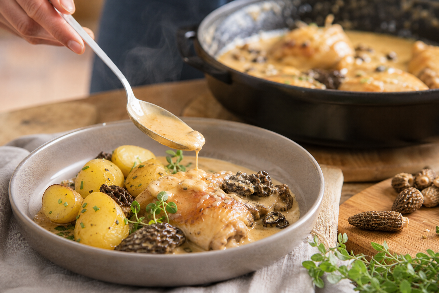 Poulet au vin jaune et aux morilles, pommes de terre fondantes au beurre