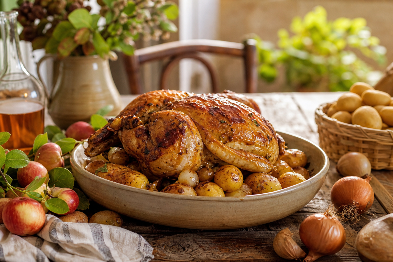 Poulet fermier rôti au cidre, pommes de terre nouvelles et oignons confits