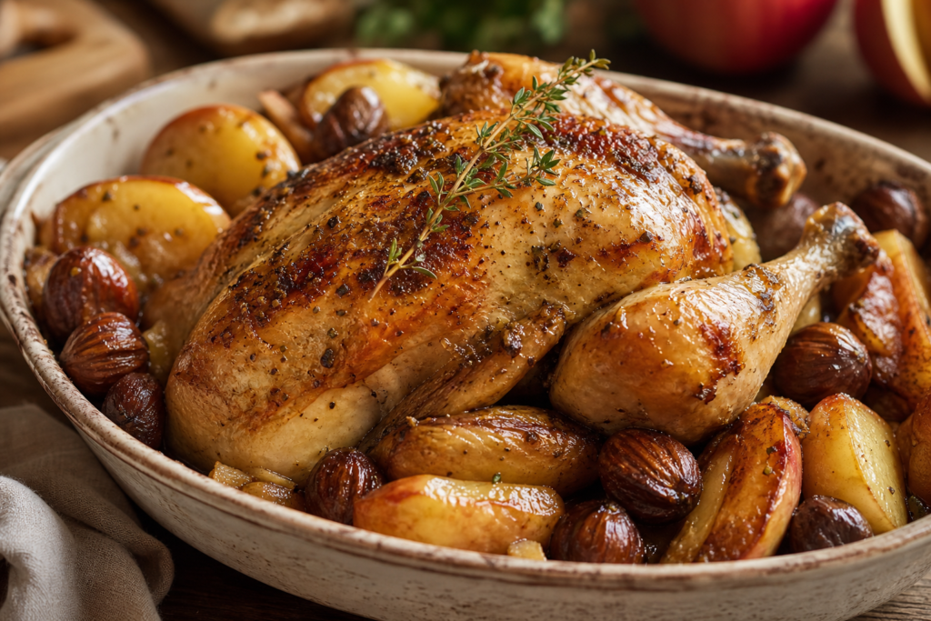 Poulet rôti aux marrons, pommes et cidre doux — illustration 1