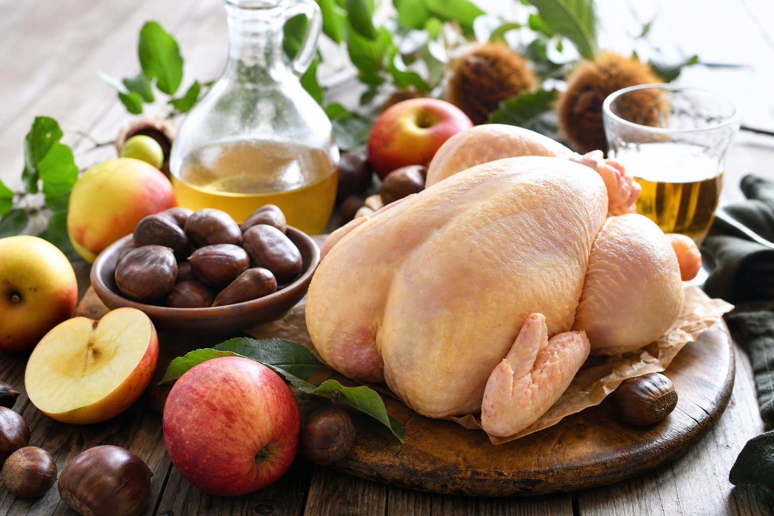 Poulet rôti aux marrons, pommes et cidre doux