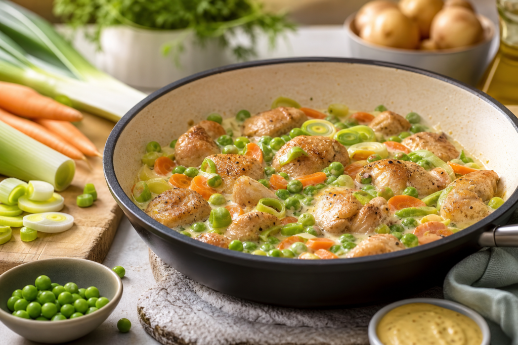 Poulet sauté aux légumes de printemps et sauce crémeuse à la moutarde douce — illustration 1
