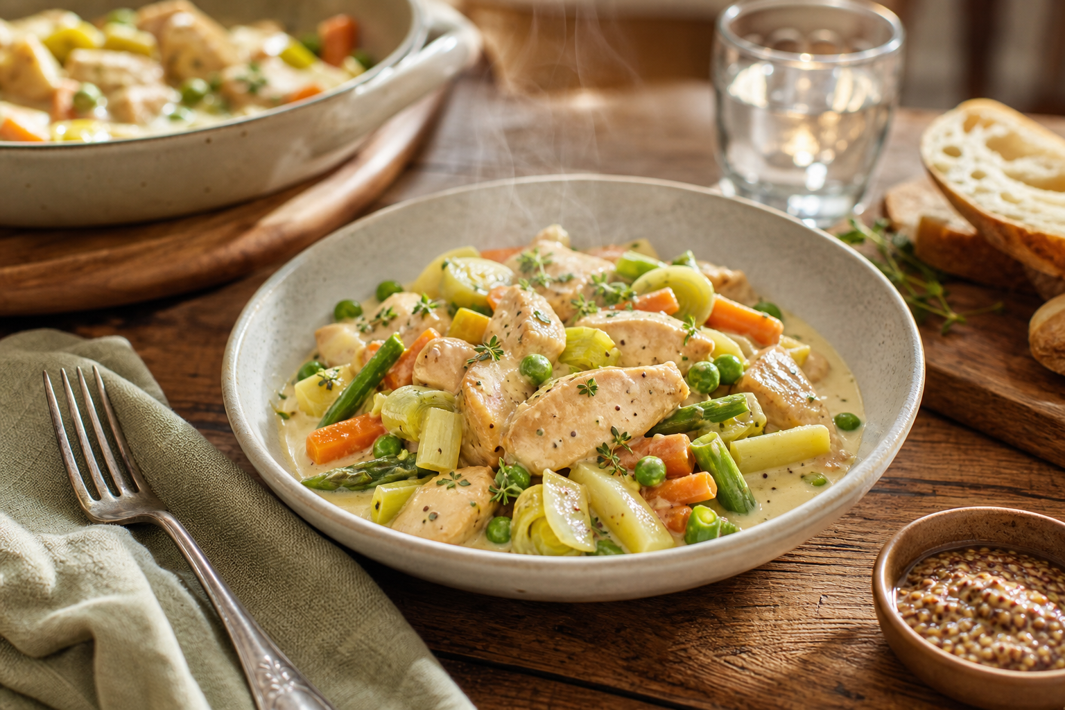 Poulet sauté aux légumes de printemps et sauce crémeuse à la moutarde douce