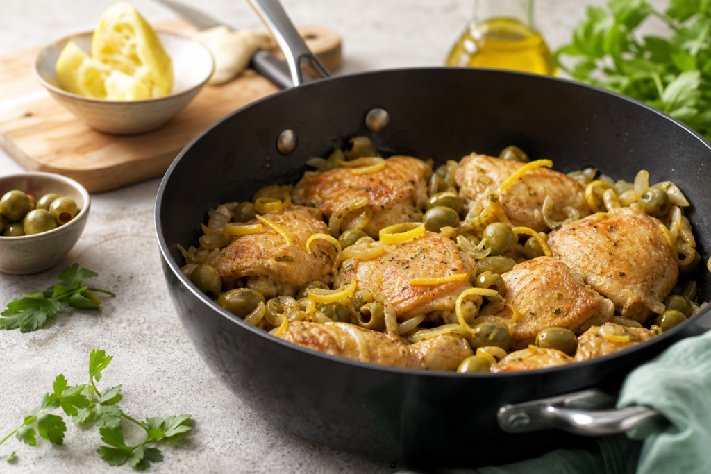 Poulet sauté aux olives, citron confit et semoule aux herbes — illustration 1
