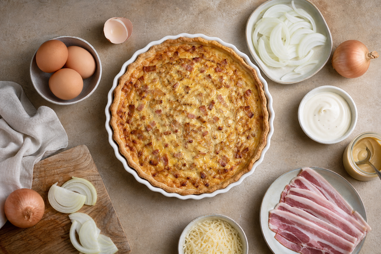 Quiche lorraine à la moutarde et aux oignons confits, recette rustique et conviviale