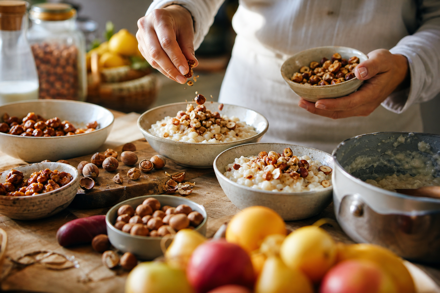 Riz au lait au praliné et éclats de noisettes caramélisées